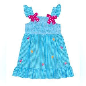 Toddler Girls Seersucker Dress with Flamingo Schiffli